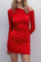 sexy slight stretch solid color tight long sleeve pleated mini dress_Black_Red