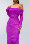 casual slight stretch stitching mesh off shoulder solid color midi dress_Green_Light Purple