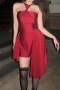 casual slight stretch solid color kink midi dress_Black_Red