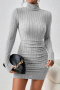 stylish slight stretch ribbed knit high-neck long sleeve bodycon mini dress_Gray