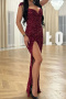 sexy plus size slight stretch sequin decor v-neck high slit maxi dress_Black_Rose Red