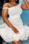 sexy plus size slight stretch pearl chain ruffle decor mini dress_White
