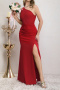 elegant non-stretch 4-colors solid color one-shoulder slit maxi dress_Black_Pink_Red