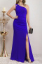 elegant non-stretch 4-colors solid color one-shoulder slit maxi dress_Black_Pink_Red_Blue