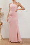 elegant non-stretch 4-colors solid color one-shoulder slit maxi dress_Black_Pink