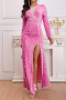 elegant non-stretch solid color slim sequins long-sleeved slit maxi dress_Pink
