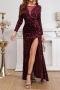 elegant non-stretch solid color slim sequins long-sleeved slit maxi dress_Pink_Rose Red