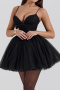 sexy slight stretch sling bow decor mesh puffy solid color mini dress_Black