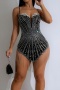 sexy plus size slight stretch sling slim rhinestone irregular tassel mini dress_Black