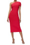 elegant slight stretch high quality solid one shoulder slim slit midi dress_Red