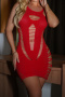 sexy high stretch solid color crew neck hollow slim mini dress_Black_White_Red