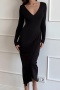 sexy slight stretch pure color deep v long sleeve midi dress_Black