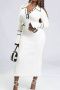casual slight stretch contrast color lapel ribbed knit midi dress_Black_White