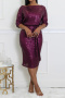 sexy plus size non-stretch solid color sequins midi dress with belt_Dark Green_Purple