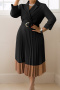 s-3xl slight stretch contrast color pleated midi dress(with belt)_Black
