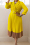 s-3xl slight stretch contrast color pleated midi dress(with belt)_Black_Yellow