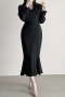 casual non-stretch v-neck stitching mesh midi dress_Black