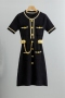 casual slight stretch knitted pocket chain decor midi dress_Black