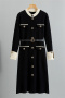 casual slight stretch knitted single-breasted with belt midi dress_Black