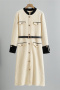 casual slight stretch knitted single-breasted with belt midi dress_Black_Beige