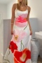 new slight stretch patchwork contrast suspender maxi floral dress_Pink