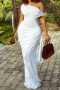 sexy slight stretch pure color off-shoulder streamer maxi dress_Black_White