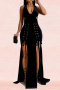 sexy plus size slight stretch solid velvet halter neck lace-up slit maxi dress_Black