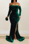 sexy plus size slight stretch one-shoulder velvet slit pleated maxi dress_Black_Rose Red_Dark Green