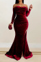 sexy plus size slight stretch one-shoulder velvet slit pleated maxi dress_Black_Rose Red