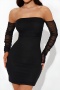 sexy stretch pure color mesh stitching off shoulder ruched bodycon mini dress_Black
