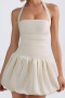 pure color stretch halter neck 3 colors sexy pleated mini dress_Black_Red_Beige