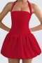 pure color stretch halter neck 3 colors sexy pleated mini dress_Black_Red