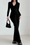 new slight stretch 3-color patchwork pleat long sleeve maxi dress_Black