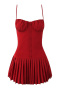 casual non-stretch solid color sling slim pleated mini dress size run small_Red