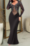 sexy plus size slight stretch mesh stitching see-through rhinestone maxi dress_Black