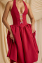 sexy non-stretch solid color halter neck deep v pearl bow decor midi dress_Black_Red