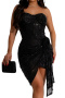 plus size sexy slight stretch sequin strapless flower decor slim mini dress_Black