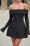 new no-stretch patchwork pockets one shoulder long sleeve mini dress_Black