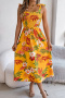 casual non-stretch sling flower batch printing shirring midi dress_Yellow
