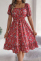 casual non-stretch 6-colors floral batch printing short-sleeved midi dress_Black_White_Red