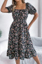 casual non-stretch 6-colors floral batch printing short-sleeved midi dress_Black