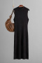 casual slight stretch 6 colors solid color knitted sleeveless slit midi dress_Black