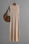 casual slight stretch 6 colors solid color knitted sleeveless slit midi dress_Black_Gray_Rose Red_Dark Green_Beige_Khaki