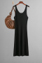 casual slight stretch 6 colors solid color sling knitted slit midi dress_Black