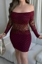 sexy plus size slight stretch solid one shoulder rhinestone tight mini dress_Black_Rose Red