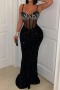 sexy plus size slight stretch sling with underwire rhinestone sequins maxi dress_Black