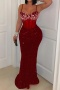 sexy plus size slight stretch sling with underwire rhinestone sequins maxi dress_Black_Red