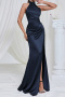 elegant non-stretch 3 colors solid color halter-neck slit maxi dress_Rose Red_Dark Green_Dark Blue