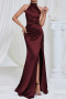 elegant non-stretch 3 colors solid color halter-neck slit maxi dress_Rose Red