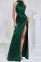 elegant non-stretch 3 colors solid color halter-neck slit maxi dress_Rose Red_Dark Green